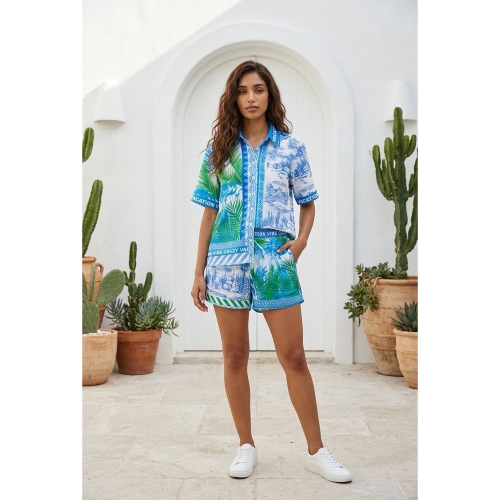 Endless Moon Vacation Vibe Crazy 2 Piece, Shirt and Shorts Blue Green Tropical